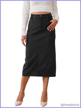 Midi Corduroy Pencil Skirt High Waisted Back Slit Winter Long Skirt with Pockets